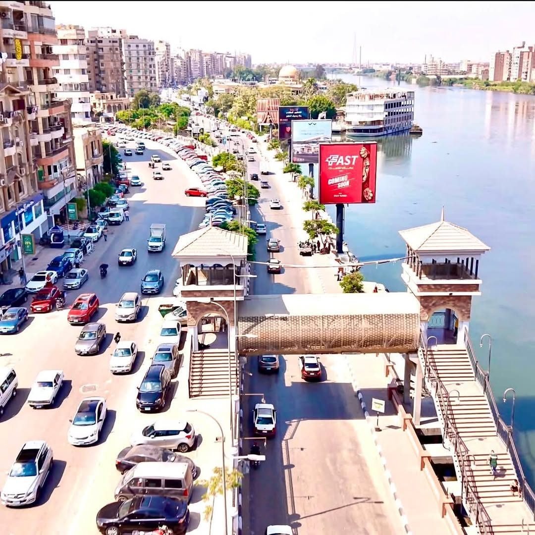Aerial view of the Nile corniche in Mansoura with traffic