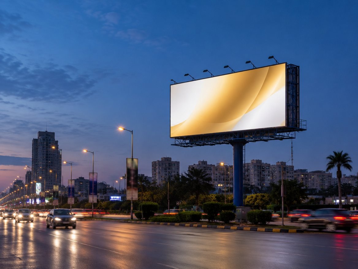 Digital LED billboard glowing at a busy city junction at dusk