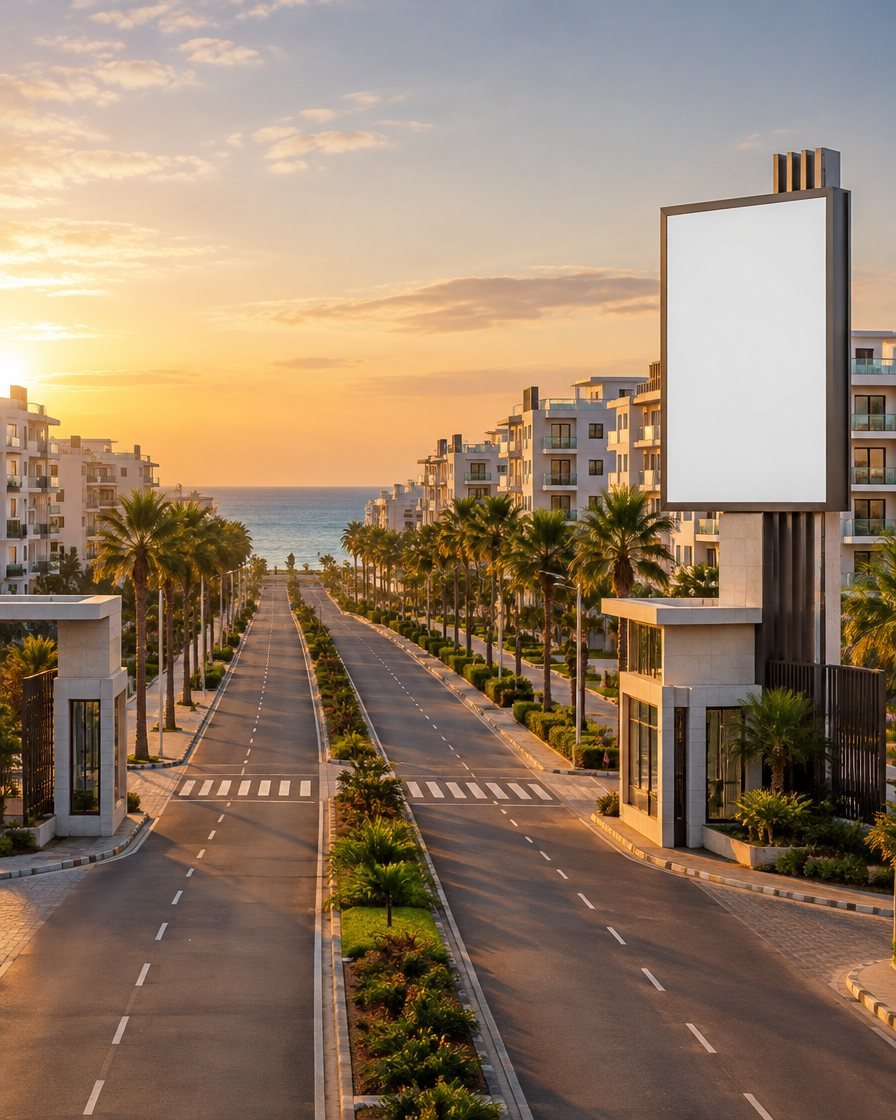 Palm-lined boulevard of New Mansoura City at golden hour with a billboard at the city gate