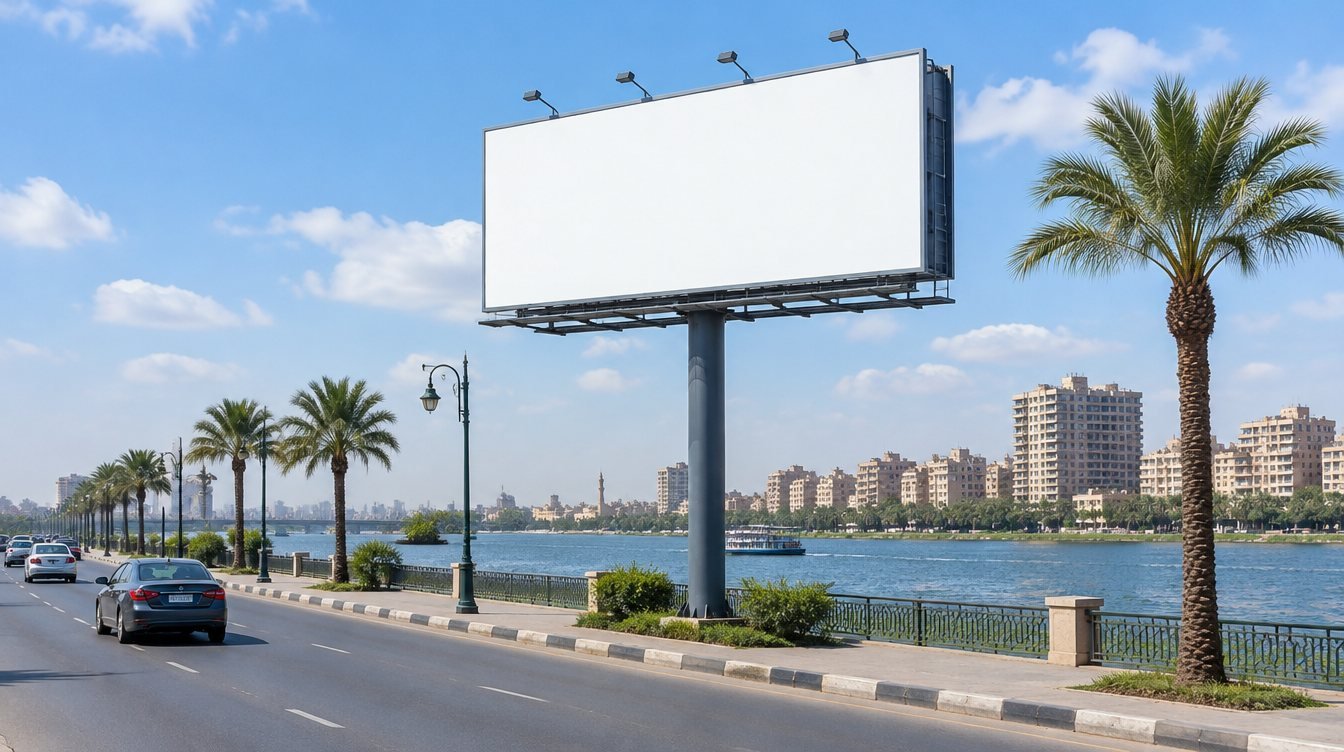 Mega unipole with a blank face beside the Nile corniche road in Mansoura